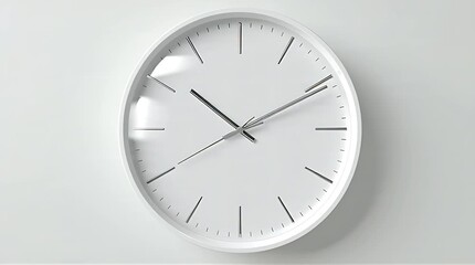 A close-up shot of a minimalist white wall clock showing the time on a plain background, perfect for time management or modern decor
