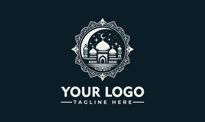Intricate Mosque Vector Logo Illustration with Crescent Moon and Stars
