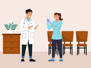 The doctor spoke to the nurse who was carrying the injection. Hospital vector illustration. Flat illustration concept.