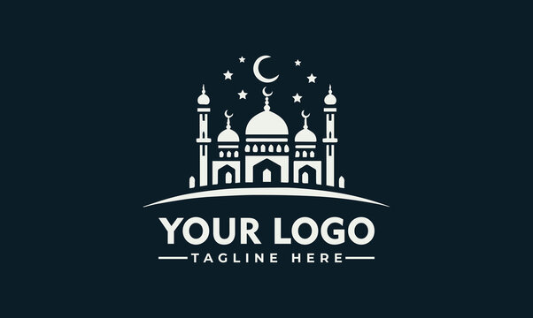 Elegant Mosque Architecture Vector Logo Illustration with Crescent Moon and Stars for Islamic Design - Powered by Adobe
