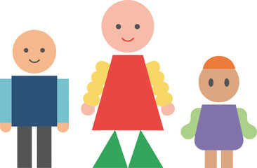 Simple Geometric Shape Family Illustration with Three Figures and Happy Faces
