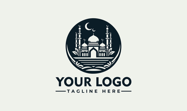 Islamic Mosque Vector Logo Illustration Elegant Cultural Architecture Design with Crescent Moon and Ornate Minarets