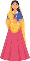 Flat Graphic Beautiful Indian Woman Holding Lotus Flower Illustration