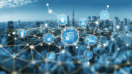 A futuristic digital network overlays a city skyline, with connected icons representing technology and communication, symbolizing urban innovation and connectivity. Tessel