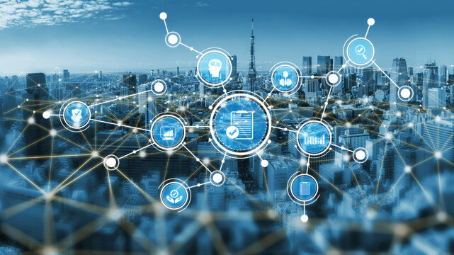 A futuristic digital network overlays a city skyline, with connected icons representing technology and communication, symbolizing urban innovation and connectivity. Tessel