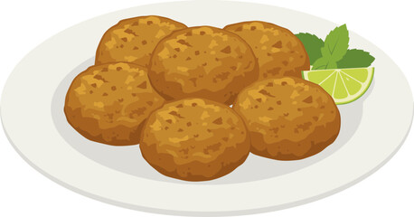 Flat Illustration Delicious Falafel Balls on Plate with Lime and Mint