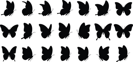 Animation sprite sheet of various butterfly silhouettes in flight and resting poses on a white background, ideal for motion graphics and graphic design.