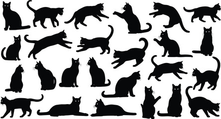 Black cat silhouettes, feline poses, animal behavior, pet movement, vector illustration, walking cat, jumping cat, stretching cat, playful kitten, design element