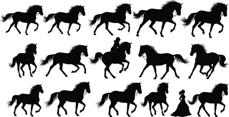 Dynamic running and rearing horse silhouettes, equestrian rider, and princess collection, high-contrast vector graphic for design and branding.