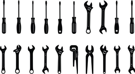 Hand tools collection, screwdrivers, wrenches, pliers, pipe wrench, silhouette style, blue outline, workshop, repair, maintenance, DIY, mechanic, hardware