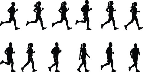 Running, walking, silhouette, motion, fitness, exercise, human, posture, athletic, active, black, white, dynamic, stride, jog, training, movement, sport, health, lifestyle