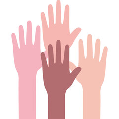 Group of diverse hands raised up in solidarity and support against a clean white background symbolizing unity and teamwork