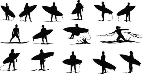Surfer silhouettes, beach lifestyle, surfboard poses, wave riding, ocean sports, summer freedom, coastal culture, active people, adventure vibes
