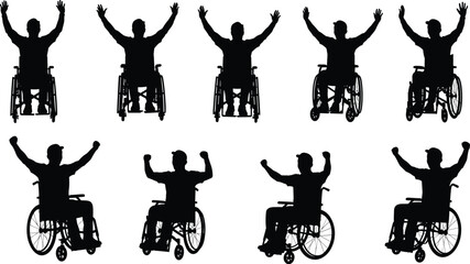 Wheelchair silhouettes, disabled people, victory pose, inclusion, accessibility, diversity, empowerment, unity, celebration, equality, strength, resilience, freedom