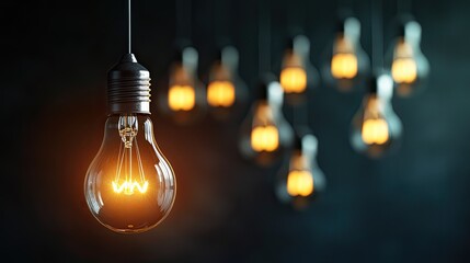 A single, illuminated light bulb hanging above a collection of unlit bulbs. A symbol of innovation, a great idea, and standing out from the competition. High-contrast, conceptual image. 