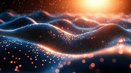 An abstract representation of flowing waves composed of tiny blue and orange particles, illuminated by a bright orange light source.