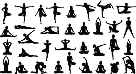 Yoga pose collection, meditation silhouettes, full-body women’s fitness studio workout, healthy lifestyle illustration, zen practice vector set, stretching exercise.