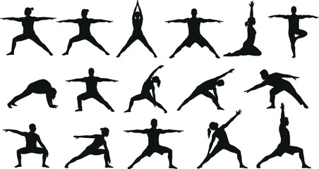 Yoga poses silhouette collection, fitness exercise illustration, meditation balance posture, wellness lifestyle design, flexibility training vector art