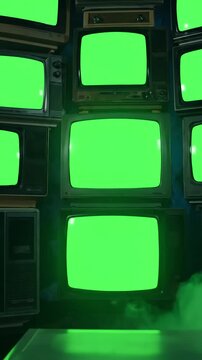 Green Screen stacked retro tvs turning on screens blue dark tone you can replace with the footage or picture want lkeyingr effect in ae check out tutorials internet scene 1 distortion, overlay