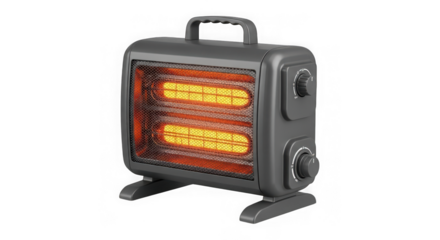 Portable electric heater with glowing heating elements isolated on transparent background