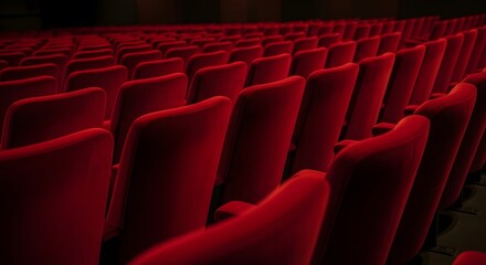 Rows of Empty Red Velvet Seats in a Modern Movie Theater or Conference Auditorium