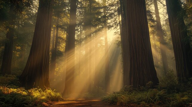 Sunbeams (god rays) cutting through the morning fog in a dense, ancient redwood forest, illuminating the forest floor, colossal trees creating a sense of awe, cinematic lighting.