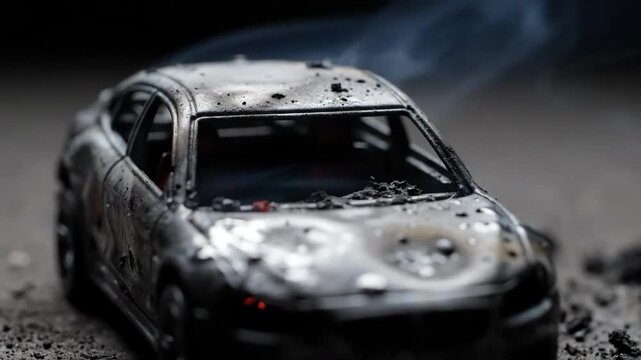 Miniature Burnt Toy Car Wreckage Smoking After Simulated Disaster.