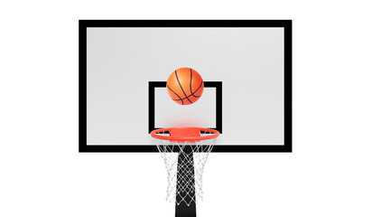 Orange basketball floating above the hoop net. Concept of success. scoring points and winning, transparent background