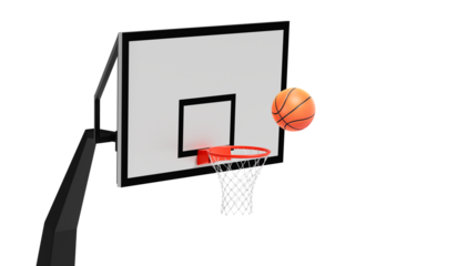 Orange basketball floating above the hoop net. Concept of success. scoring points and winning, transparent background