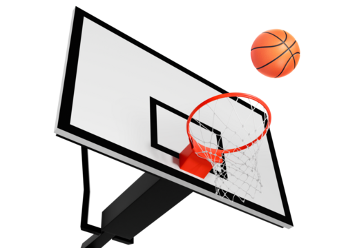 Orange basketball floating above the hoop net. Concept of success. scoring points and winning, transparent background