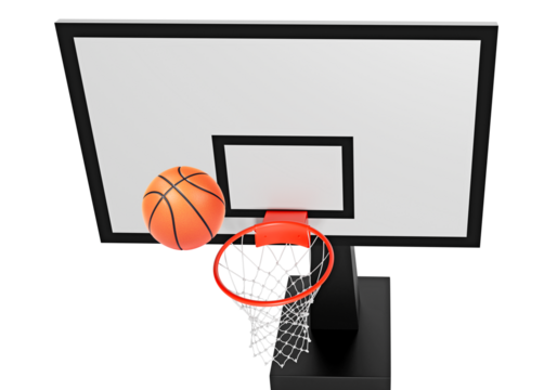 Orange basketball floating above the hoop net. Concept of success. scoring points and winning, transparent background