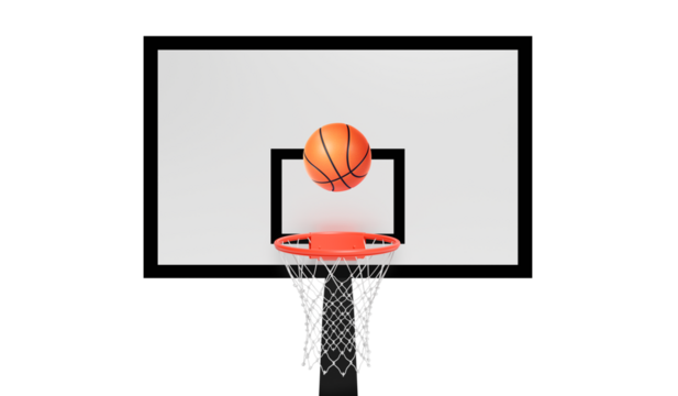 Orange basketball floating above the hoop net. Concept of success. scoring points and winning, transparent background