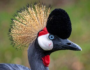 Fototapeta premium A striking close-up of a Grey Crowned Crane, featuring its magnificent golden crown, black velvet head, vibrant red wattle, and bright blue eye in a natural setting