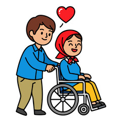 Man Pushing Woman in Wheelchair with Heart Symbol Above Them