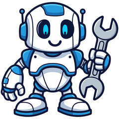 Cute Robot Holding Wrench, Cartoon Character, Technology and Repair Concept