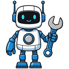 Cute Robot Holding Wrench, Cartoon Character, Technology and Repair Concept