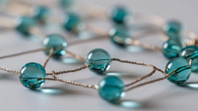 Abstract blue glass beads connected by thin wire forming a network pattern with soft focus