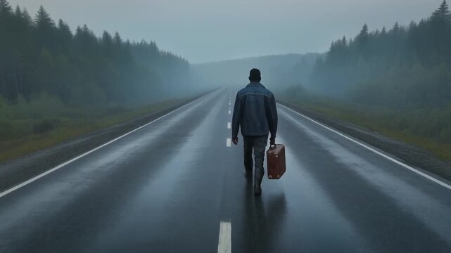 The Journey Ahead: A lone figure embarks on a journey along an empty road, carrying a suitcase, symbolizing travel, solitude, and the path forward. The image captures the essence of life's path.