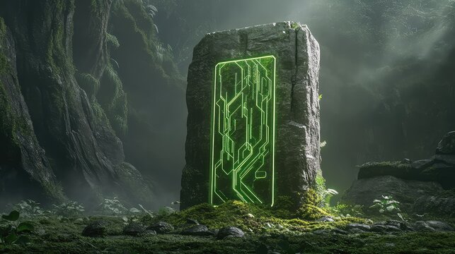 Technology as an artifact: an ancient, overgrown stone monolith covered in moss, but with intricate, glowing alien circuitry embedded in its surface, cinematic, mysterious, dramatic light.  - Powered by Adobe