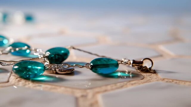 Vibrant turquoise beaded necklace on textured surface