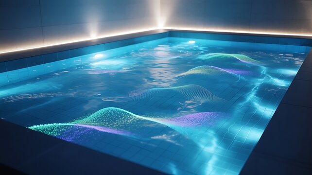 Indoor swimming pool with clear water and creative light patterns