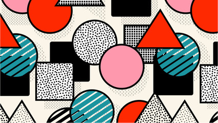 Seamless memphis pattern for stylish designs with vibrant shapes. Suitable for packaging, stationery, apparel, and backgrounds for various projects.