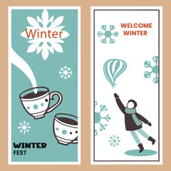 Cartoon Winter Fest Vertical Banners Set - Hot Drinks, Snowflakes, and Flying Person Vector Illustration