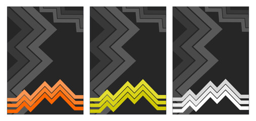 Set of Three Abstract Vector Vertical Templates: Dark Gray Background with Bold Diagonal Stripes and Dynamic Zig-Zag Bottom Borders in Orange, Yellow, and Silver, Ideal for Modern Sports, Gaming, or C
