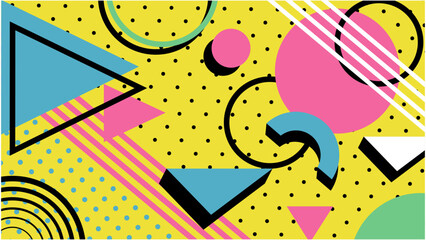 Seamless memphis pattern showcases a vibrant memphis design with shapes and polka dots.