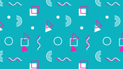 Seamless memphis pattern with squares, triangles, circles, and curvy lines on blue background. Ideal for backgrounds, textiles, and print designs.