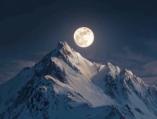 Full moon shining above snowy mountain peak casting tranquil mystical glow across silent frosted alpine night landscape
