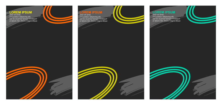 Set of Three Modern Vector Business Flyers/Covers: Dark Grunge Background with Dynamic Striped Arcs in Orange, Yellow, and Teal Accents, Featuring Lorem Ipsum Text Placeholder and Rough Gray Brushstro