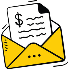 Hand Drawn Yellow Envelope With Document Showing Dollar Sign Inside With Transparent Background In Simple Doodle Style
