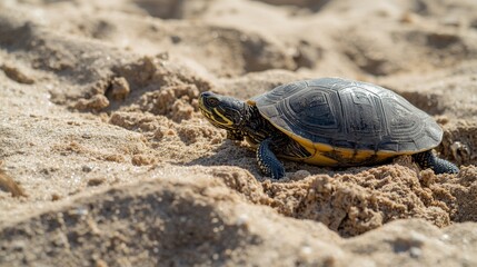 Obraz premium A turtle leisurely rests on a sandy beach under bright daylight, showcasing its textured shell.